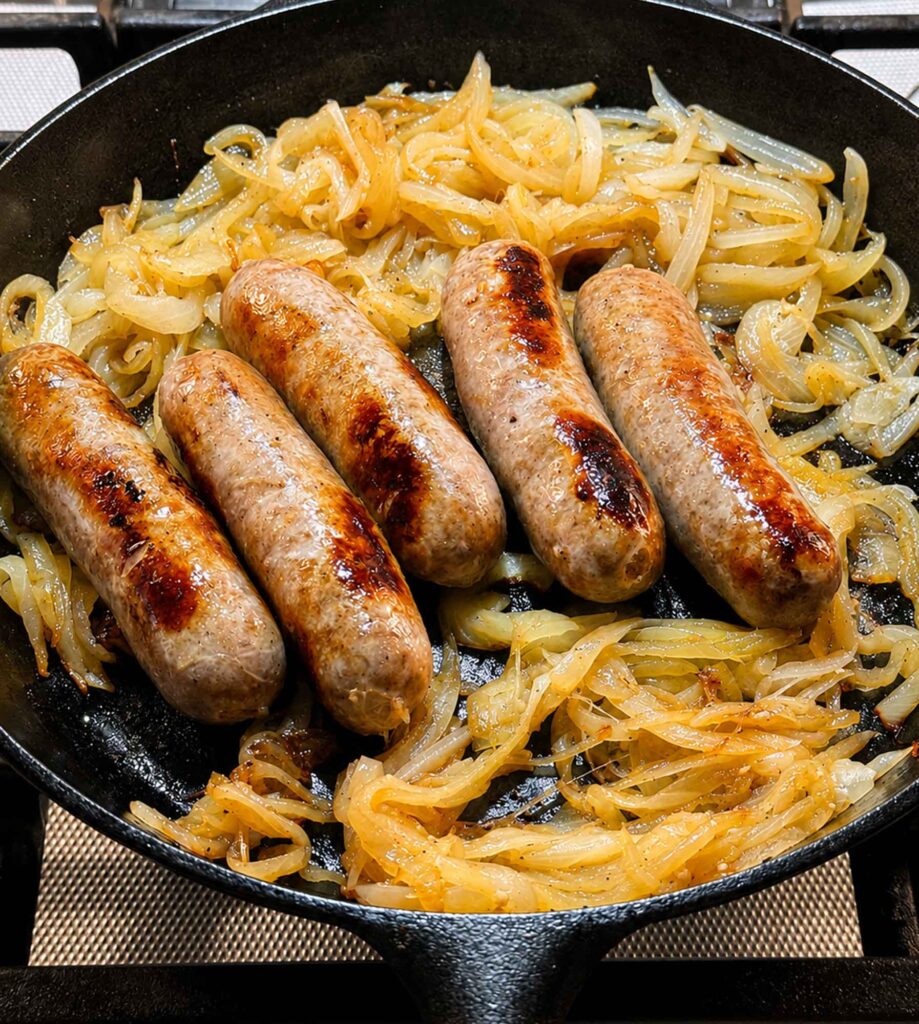 Cooking bratwurst in skillet with onions