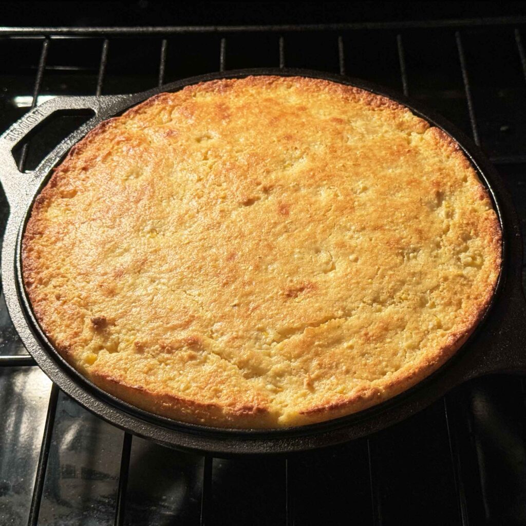 Golden topped cornbread in the oven