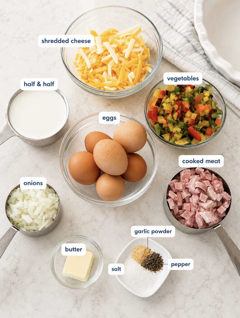 Ingredients in bowls for the crustless quiche