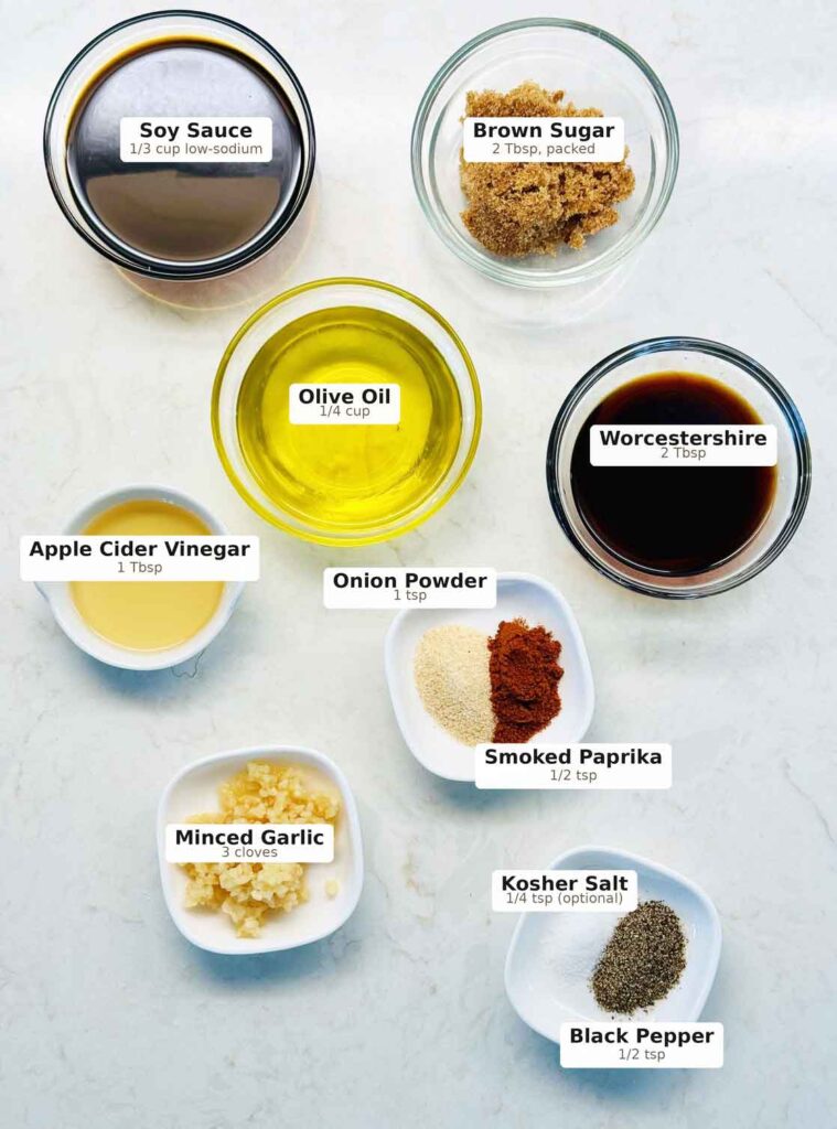 Labeled steak marinade ingredients with quantities: soy sauce, olive oil, Worcestershire, brown sugar, apple cider vinegar, garlic, and spices.