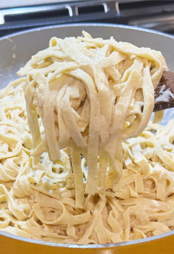 Big spoonful of creamy fettucine alfredo