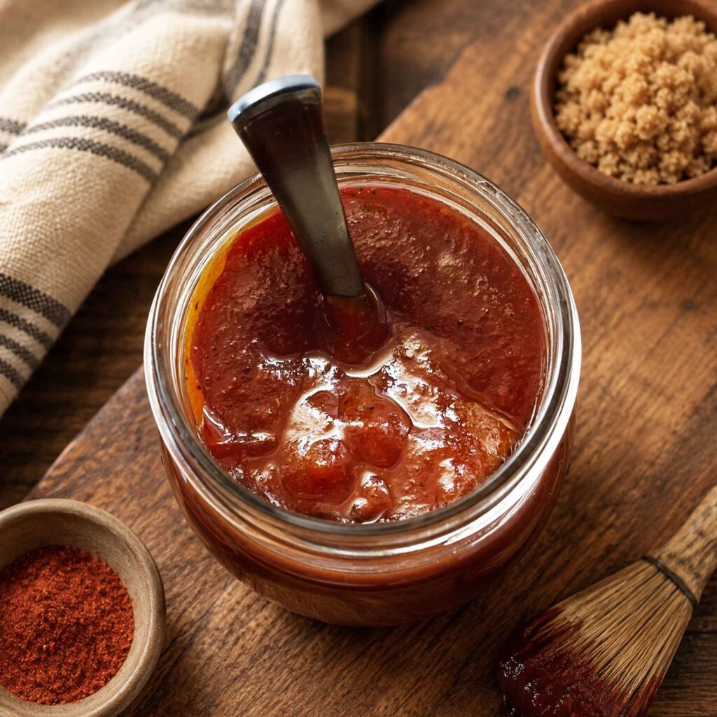Homemade bbq sauce in a jar on a cutting board