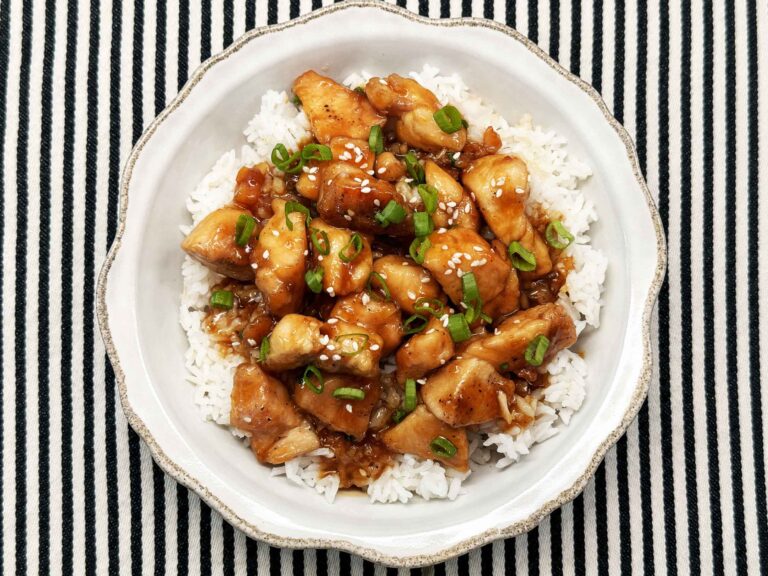 Honey Garlic Chicken over rice in bowl