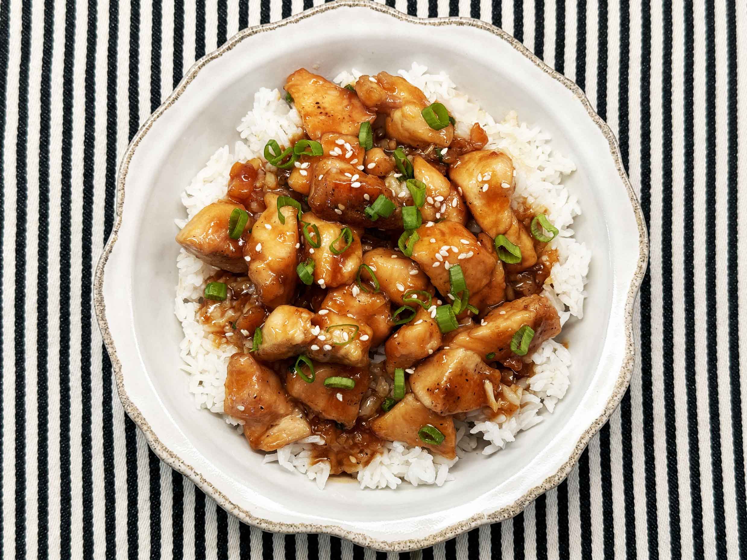 Honey Garlic Chicken over rice in bowl