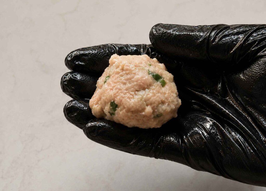 Wet gloved hand holding a formed turkey meatball