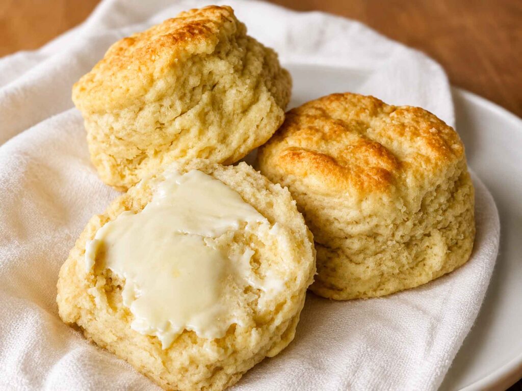 Sourdough biscuits split open with butter