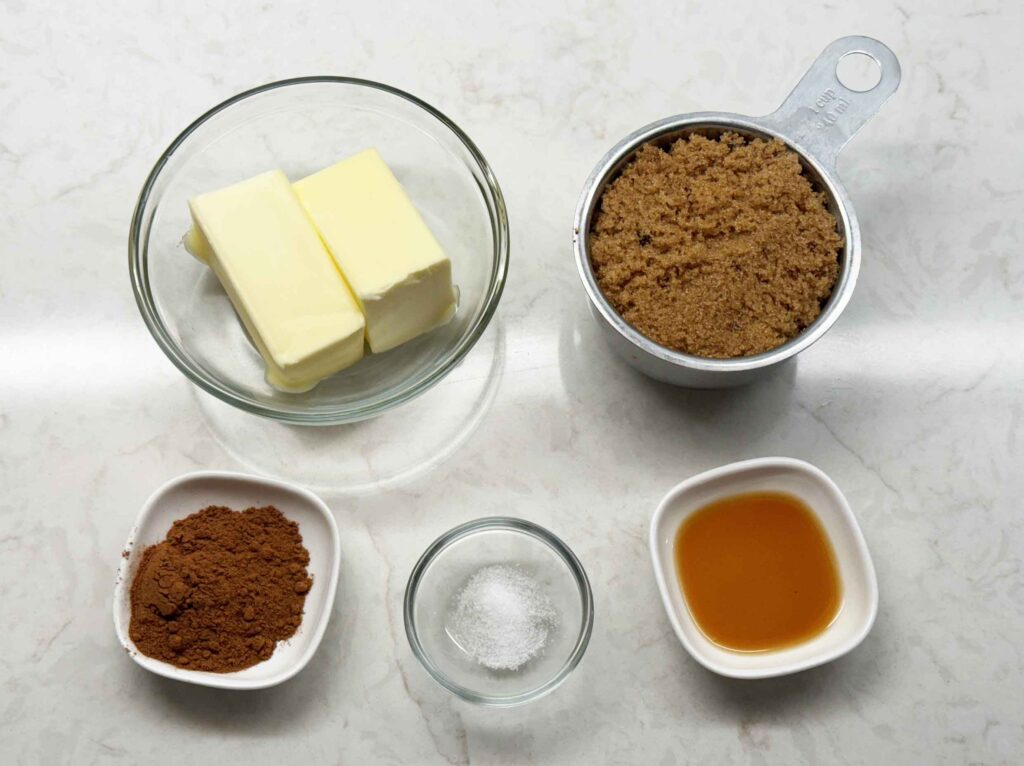 Sourdough Cinnamon Roll filling ingredients of softened butter, brown sugar, cinnamon, salt, and vanilla