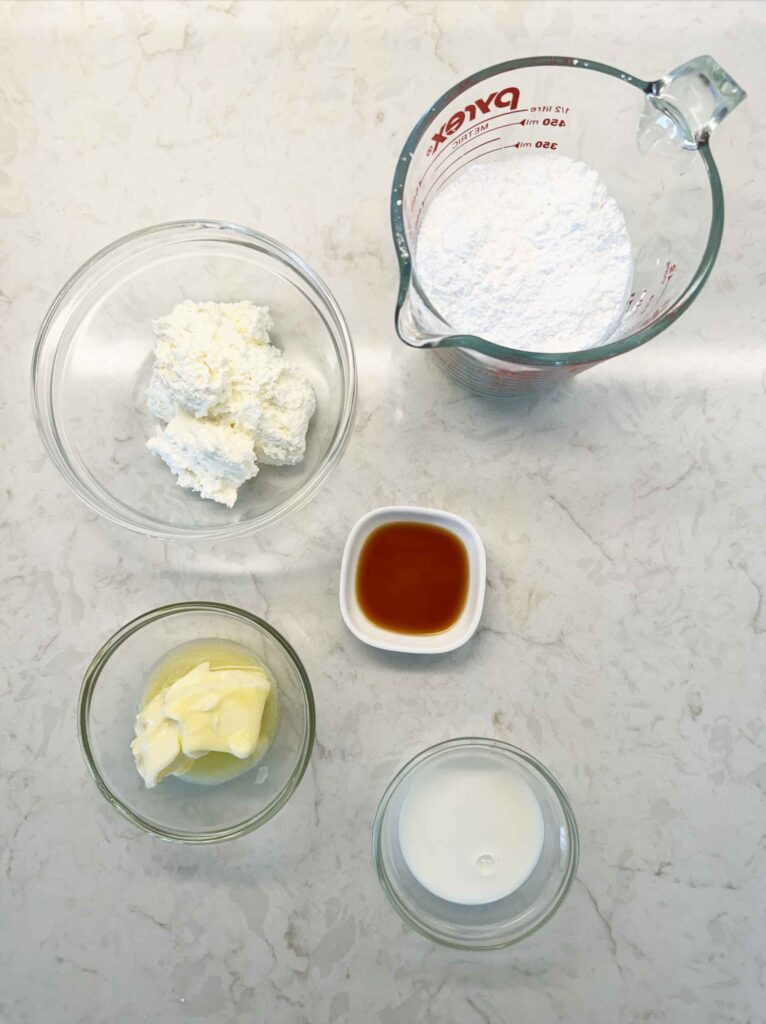 Ingredients for making the cream cheese icing for sourdough cinnamon rolls