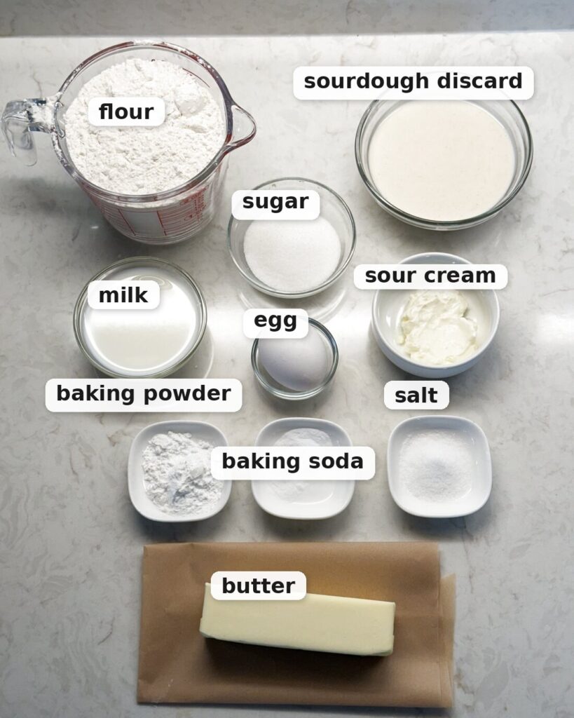 Ingredients needed to make sourdough discard biscuits