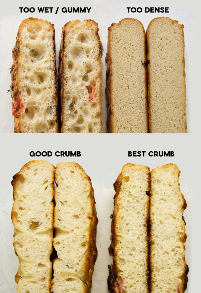 Four sourdough focaccia loaf crumbs -- too gummy, too dense, good enough, and best.