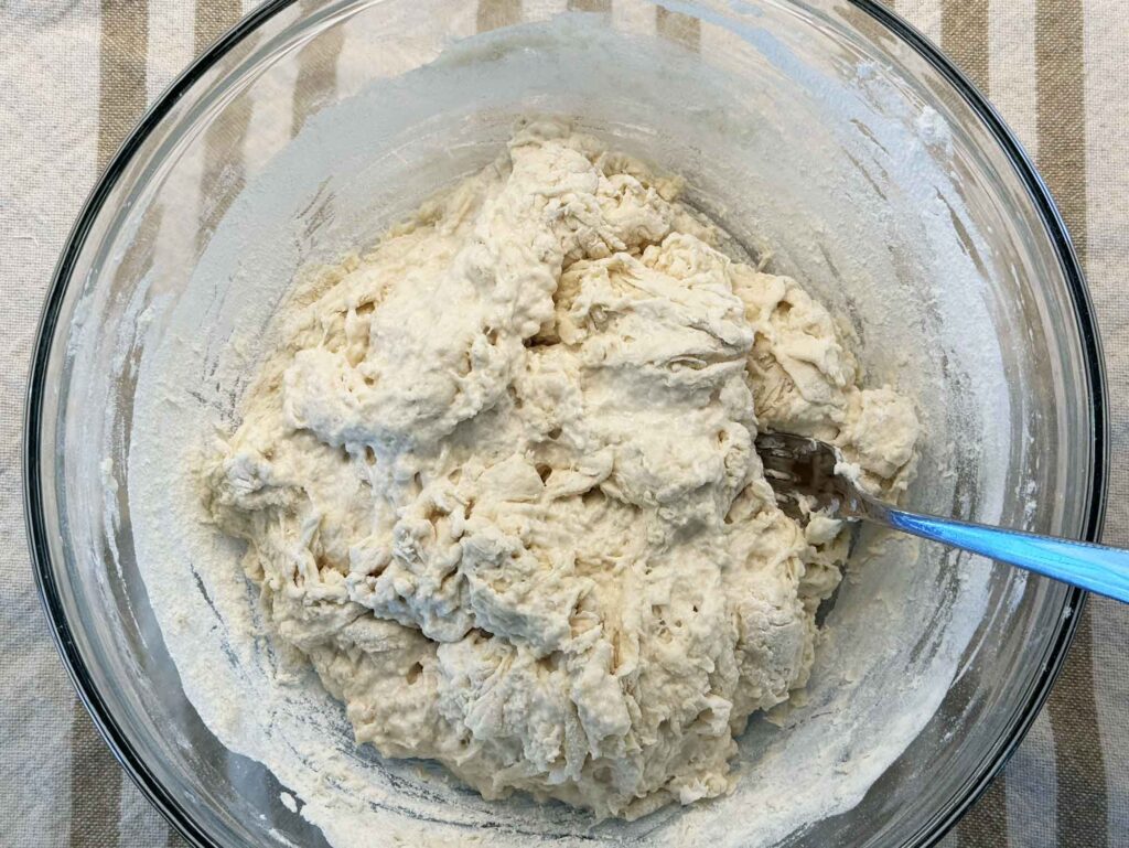 Mixed dough for the sourdough focaccia -- shaggy and sticky
