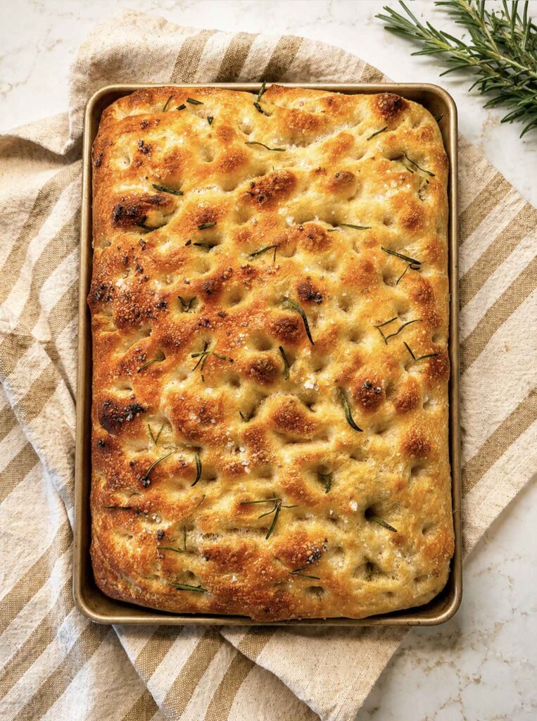 Sourdough Focaccia with olive oil, flaky salt, and rosemary