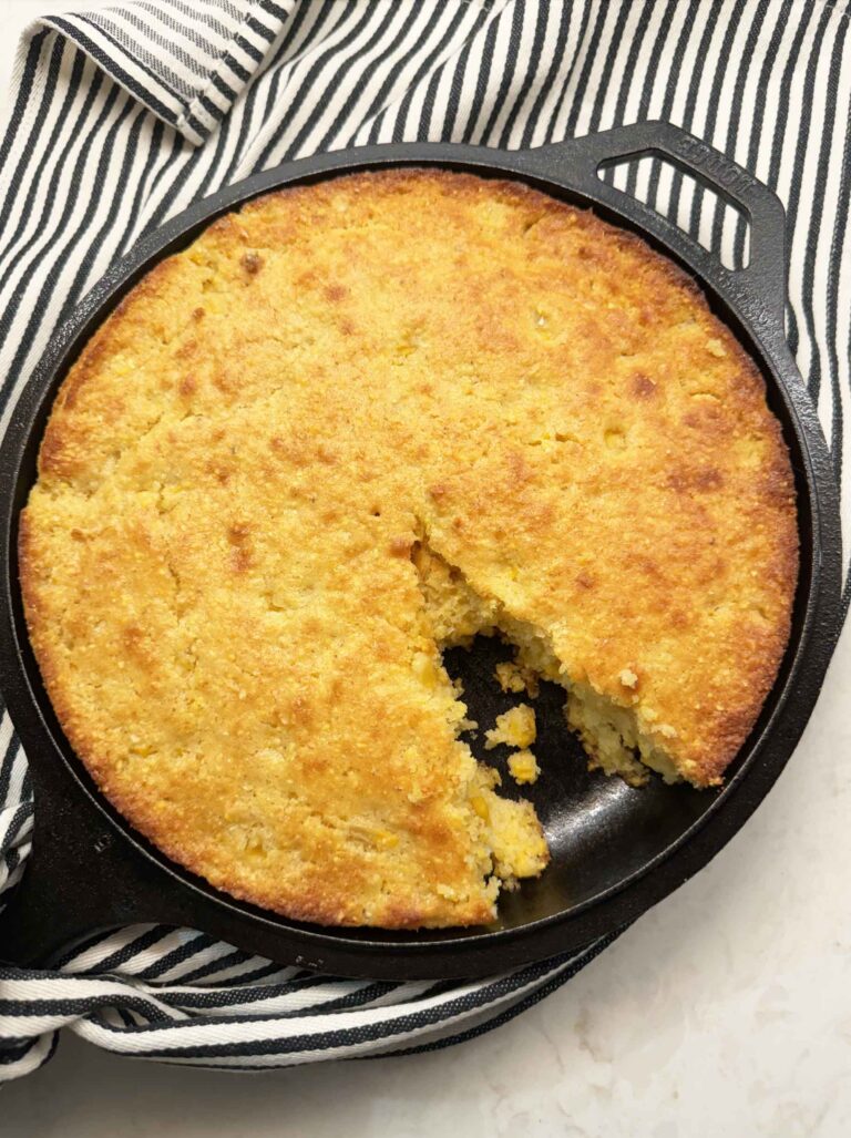 Moist cornbread in a cast iron skillet