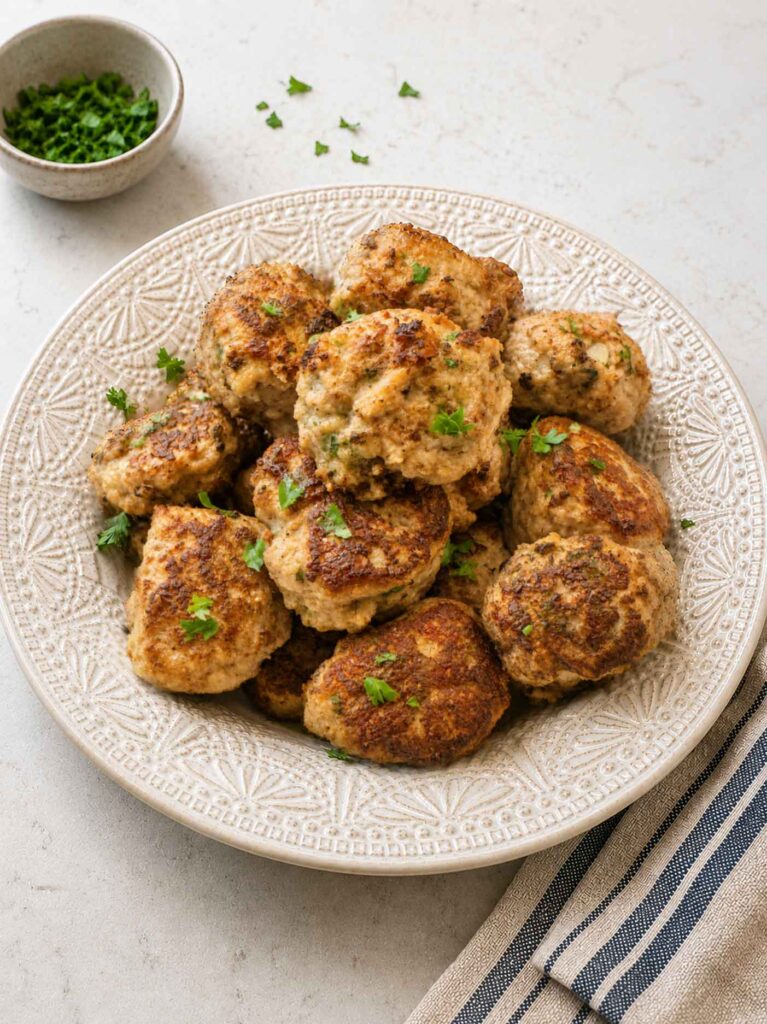 A bowl of turkey meatballs sprinkled with fresh parsley