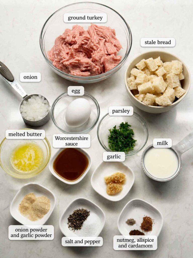 Ingredients for turkey meatballs in bowls, ready to go