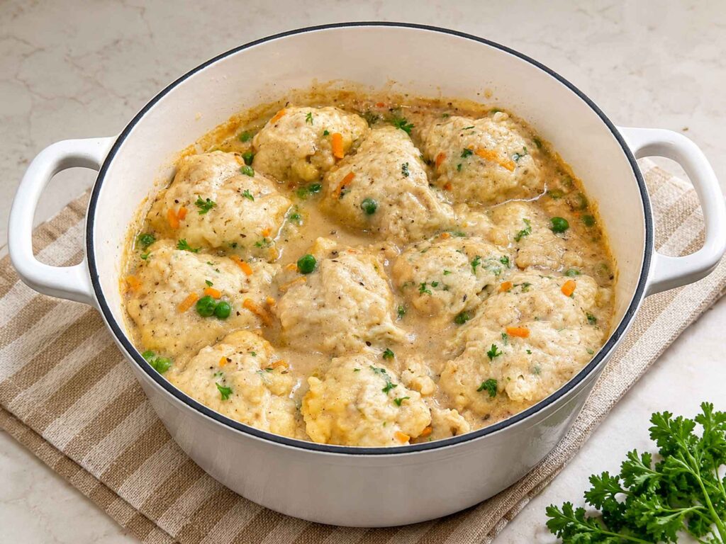 Fluffy dumplings steamed on top of the chicken stew in a white pot, puffed up and cooked through