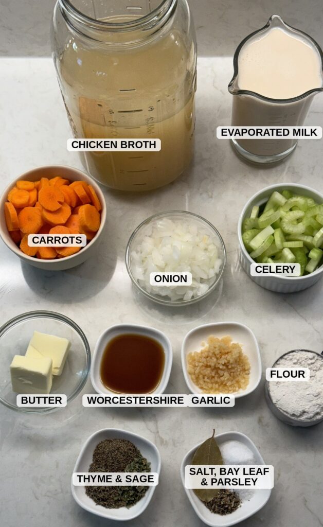 Chicken and dumplings ingredients laid out: broth, evaporated milk, carrots, onion, celery, butter, flour, and seasonings