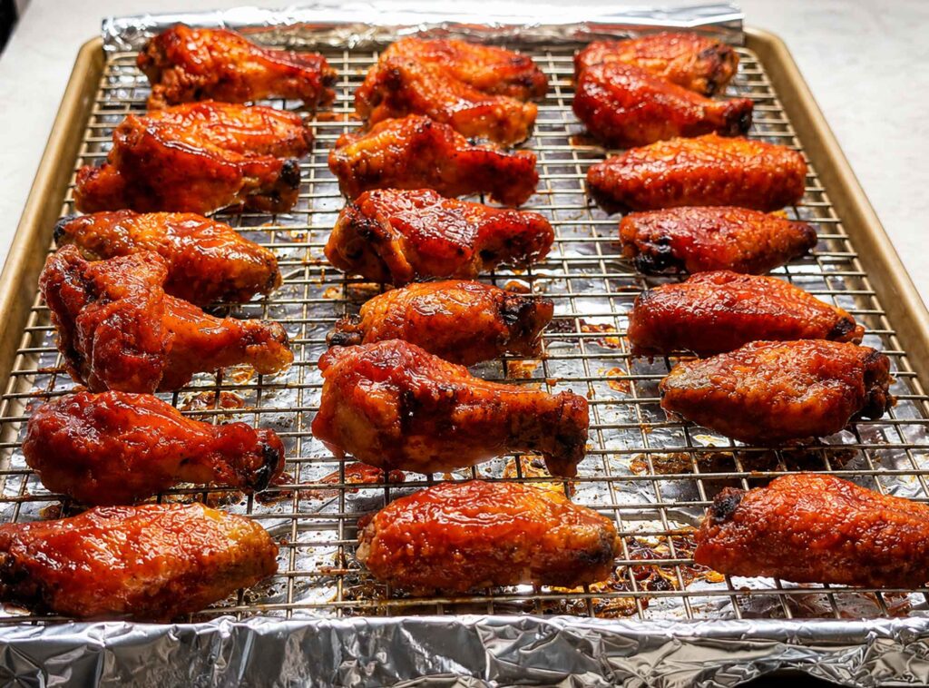 Sauced BBQ chicken wings back on the rack, glazed with barbecue sauce