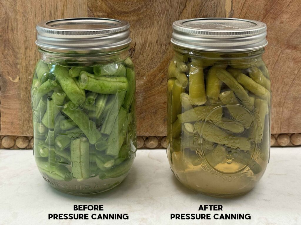 Two pint jars of home-canned green beans on a wooden board