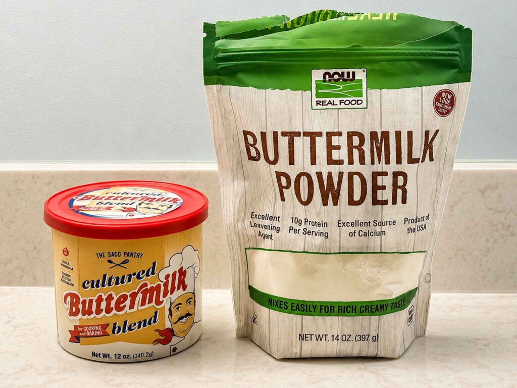 Two brands of buttermilk powders that are easy to find, Saco and Now