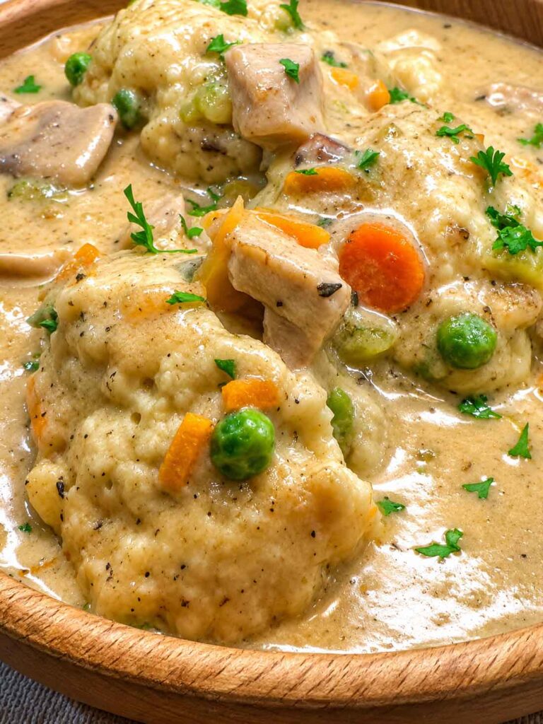 Close-up of a hearty bowl of chicken and dumplings with chunks of chicken, carrots, and peas in creamy broth