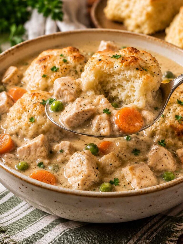 A bowl of leftover chicken and dumplings with still fluffy biscuits