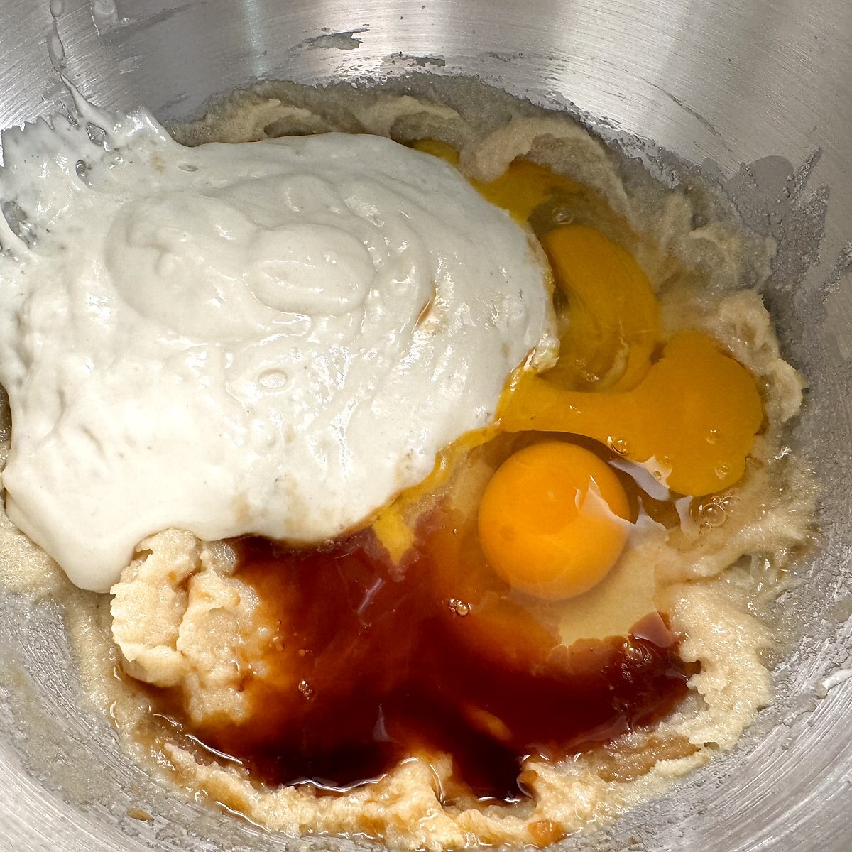 Egg, egg yolk, sourdough discard, and vanilla added to creamed butter and sugar in a mixing bowl.