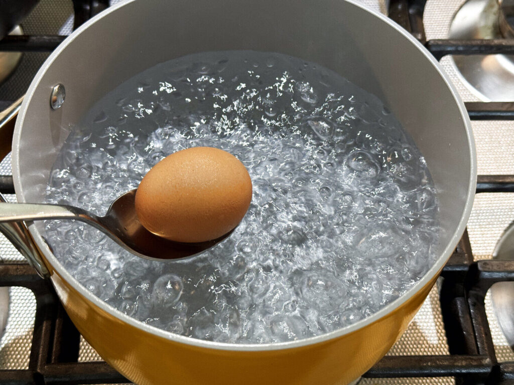 Lowering an egg into a pot of gently boiling water with a spoon