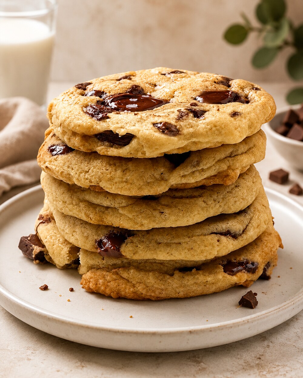 A stack of flatter, chewier sourdough chocolate chip cookies on a plate with a glass of milk.