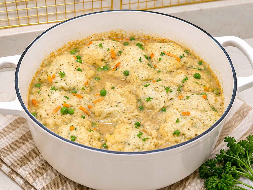 Fluffy biscuits on top of chicken stew in a white Dutch oven on a counter