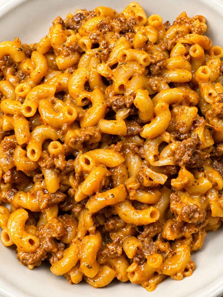 Homemade hamburger helper with macaroni, ground beef, and cheese