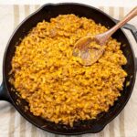 Homemade Hamburger Helper in skillet with spoon