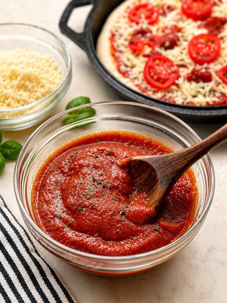 A glass bowl of thick, smooth homemade pizza sauce with a wooden spoon resting in it