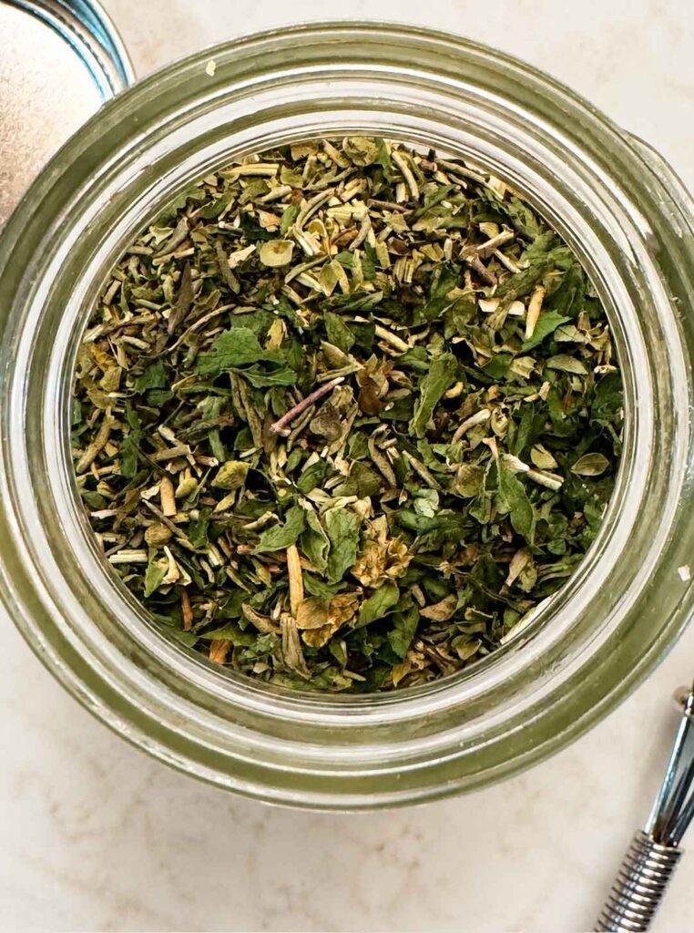 Closeup of the mixed herbs in Italian seasoning