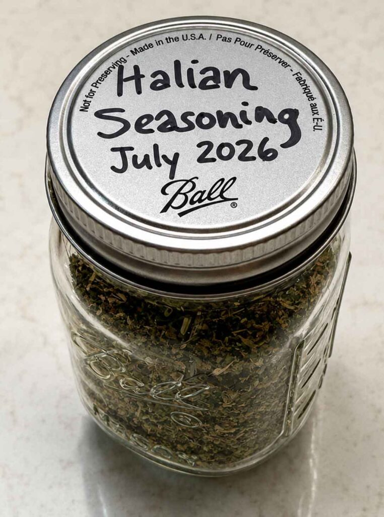A sealed mason jar of homemade Italian seasoning with the name written on the lid.