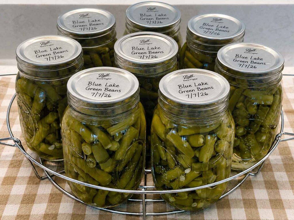 Jars of raw-pack green beans processed and labelled