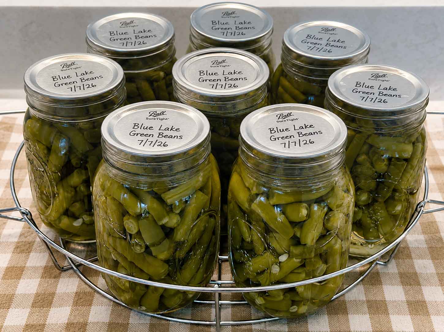 Jars of raw-pack green beans processed and labelled