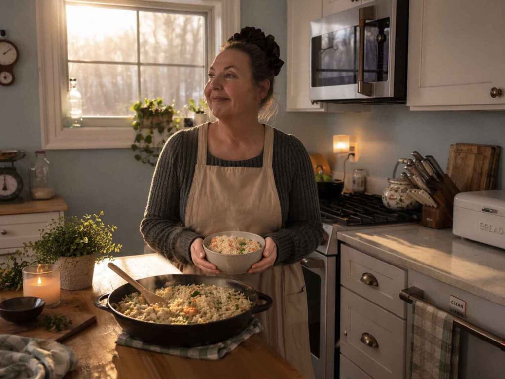 Jennifer Maker in the kitchen filled with morning light holding a bowl of chicken and rice