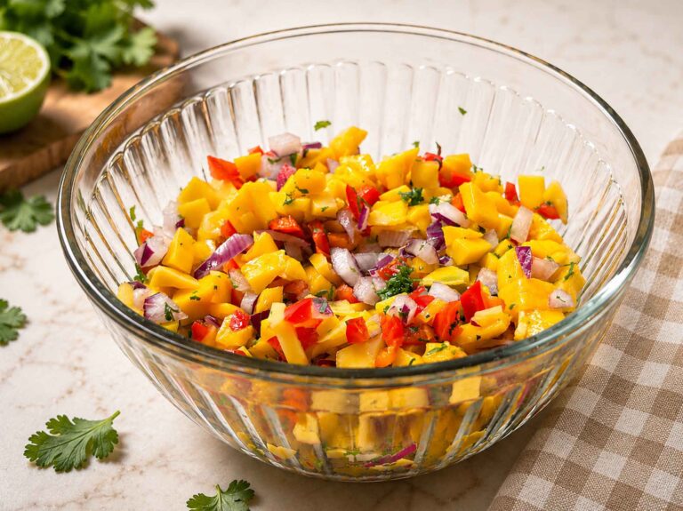 A glass bowl of fresh mango salsa with diced mango, red bell pepper, red onion, and cilantro