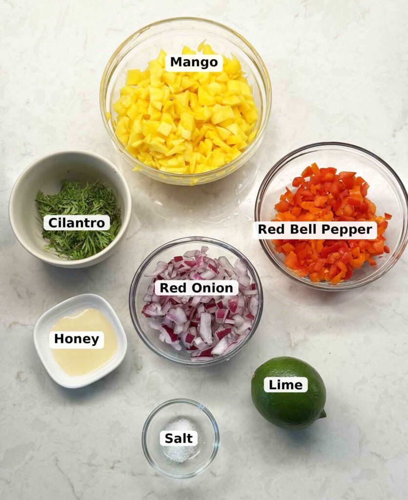 Labeled prep bowls of diced mango, red bell pepper, red onion, chopped cilantro, honey, lime, and salt on a counter