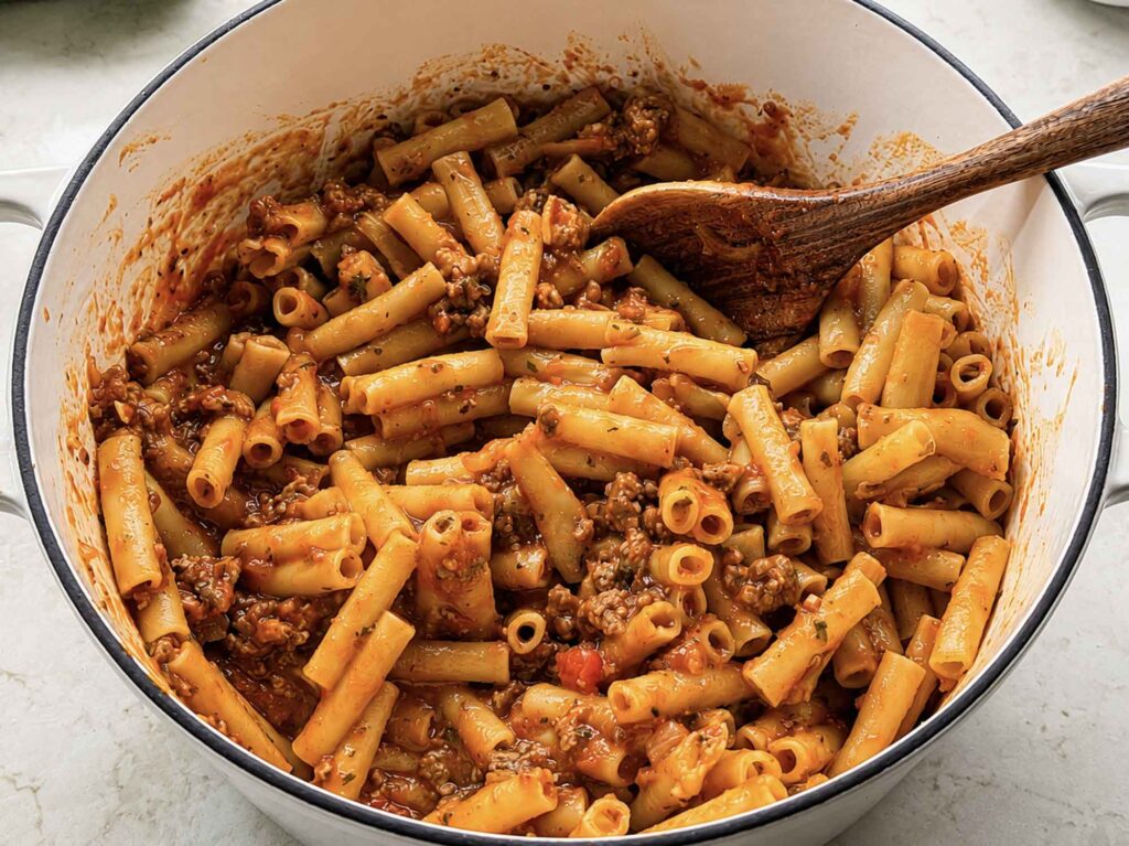 Al dente ziti tossed with the meat and tomato sauce in a pot