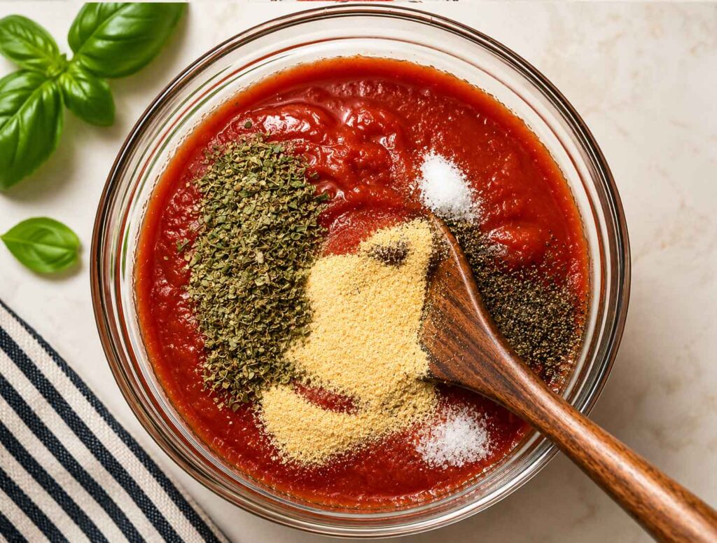 Italian seasoning, garlic powder, onion powder, salt, and pepper sprinkled over tomato sauce and tomato paste in a bowl, being stirred together with a wooden spoon
