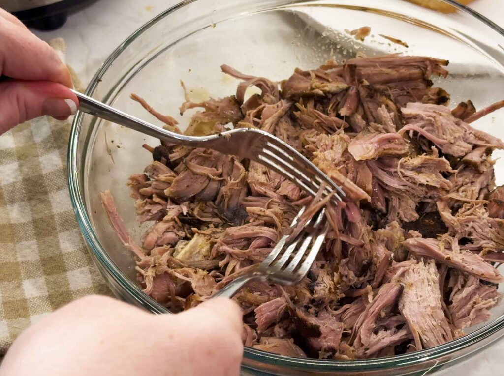 Cooked pork shoulder being pulled apart into tender strands with two forks in a bowl