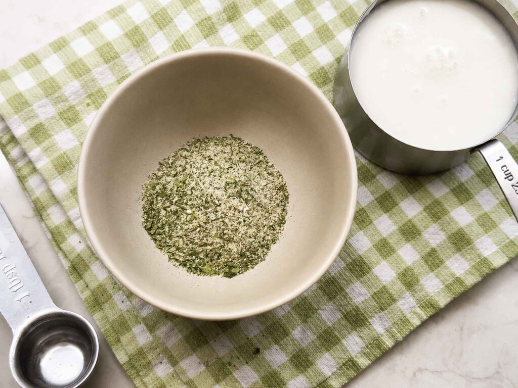 Ranch dressing ingredients including ranch seasoning and buttermilk