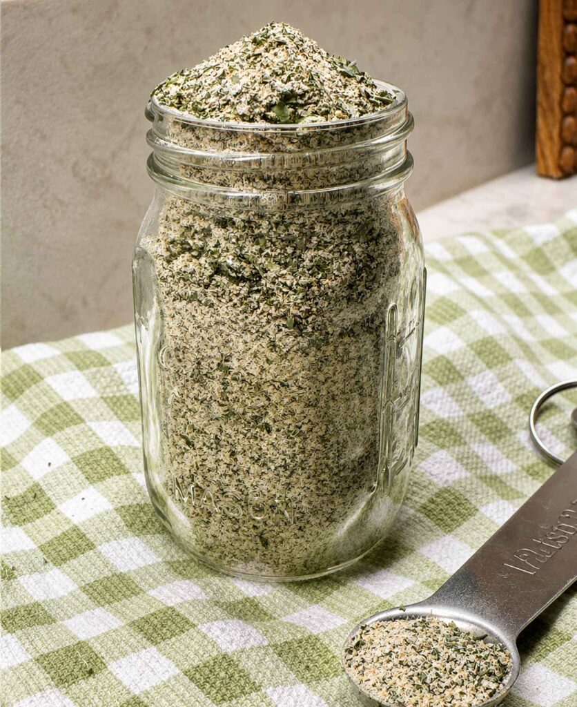 Ranch seasoning in a jar with a measuring spoon