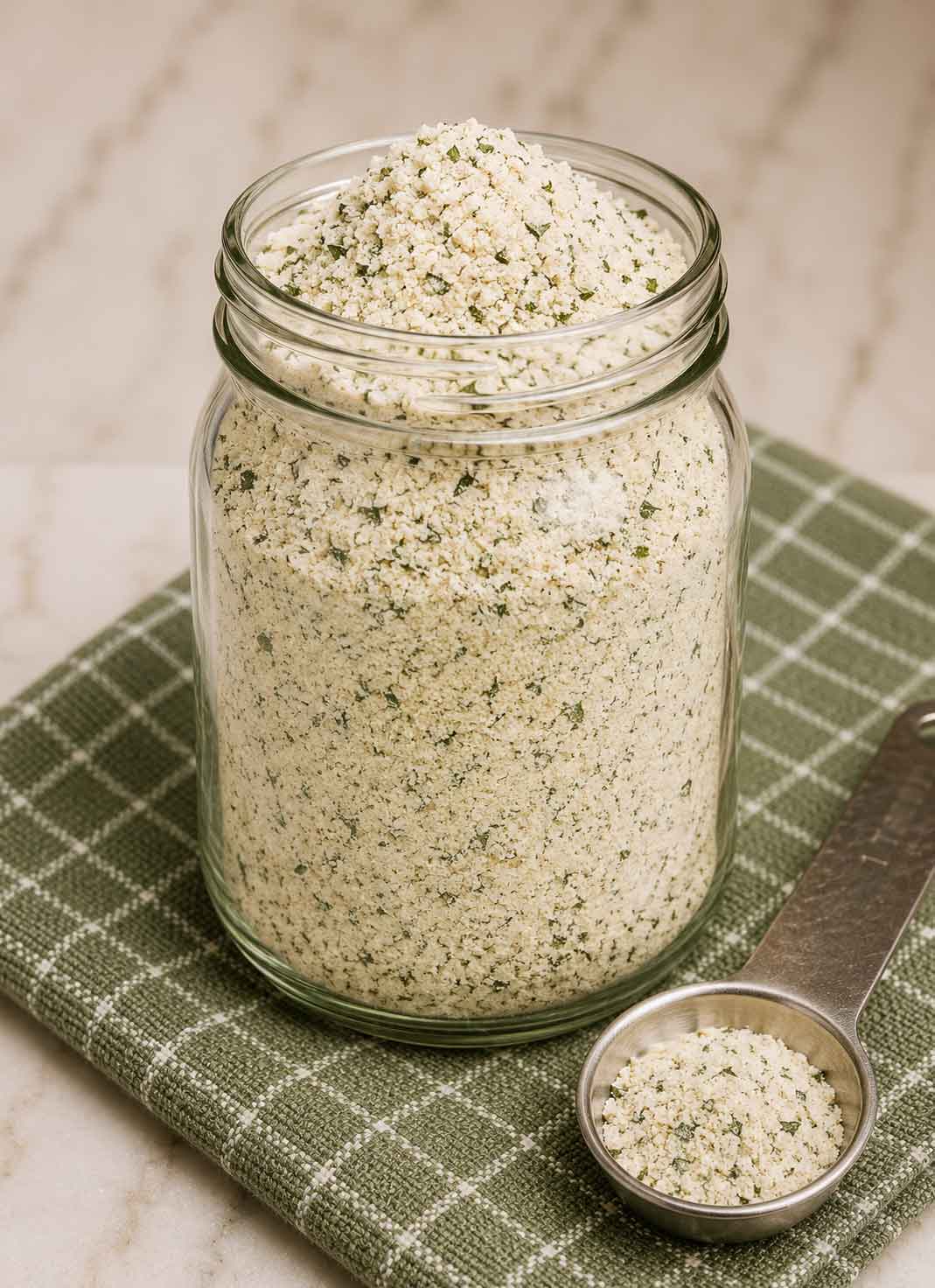 Ranch seasoning in a jar with a measuring spoon