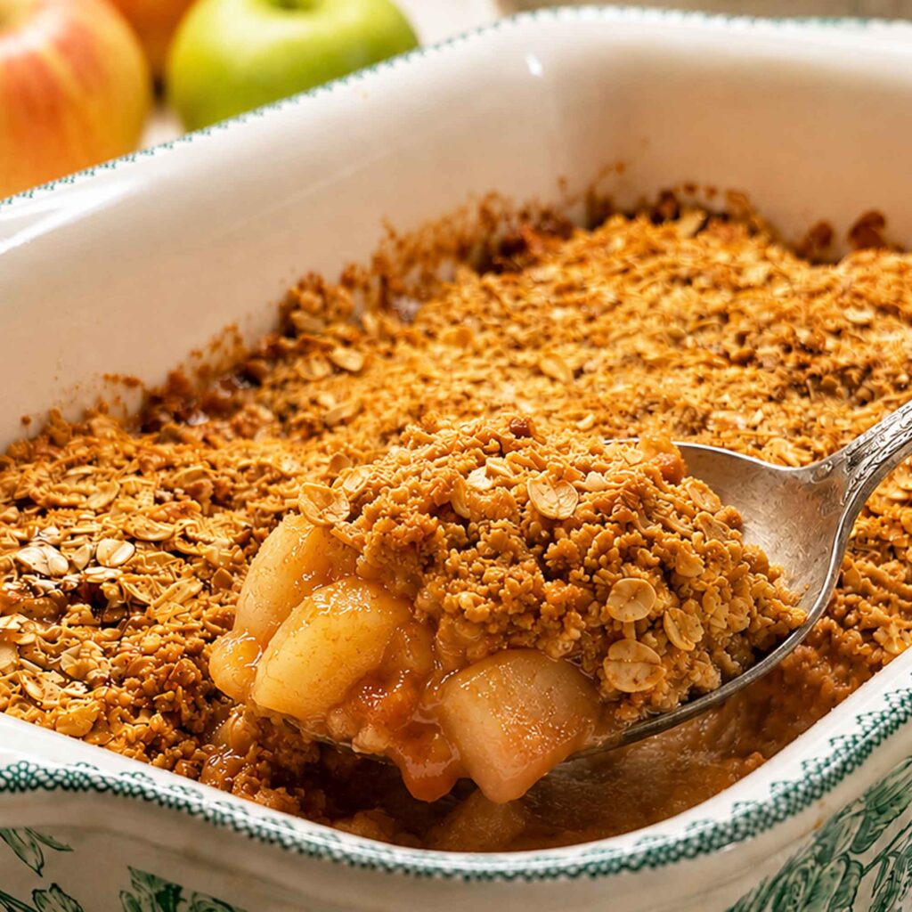Serving a spoonful of baked apple crisp