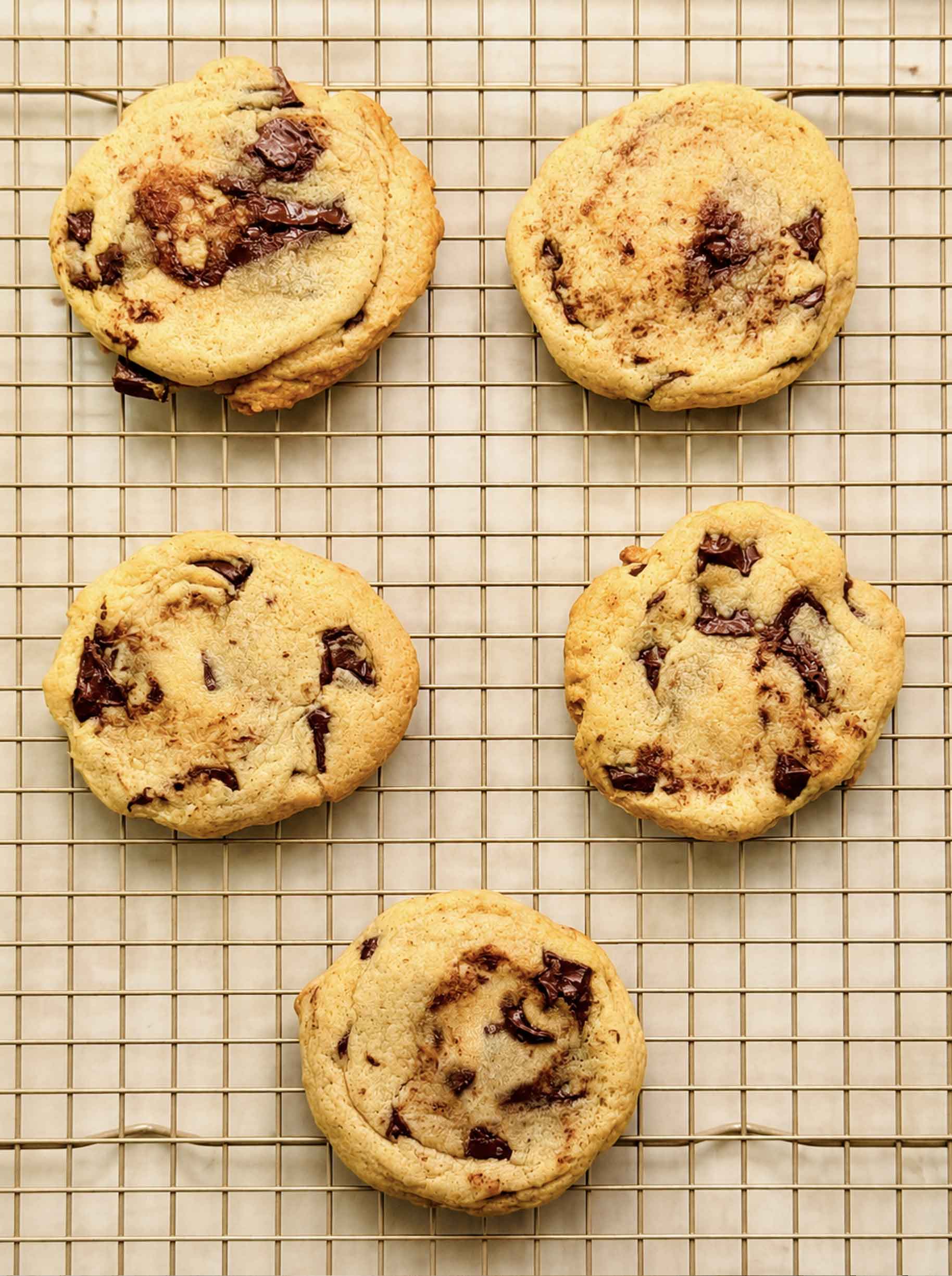Soft, thick sourdough chocolate chip cookies cooling on a wire rack.