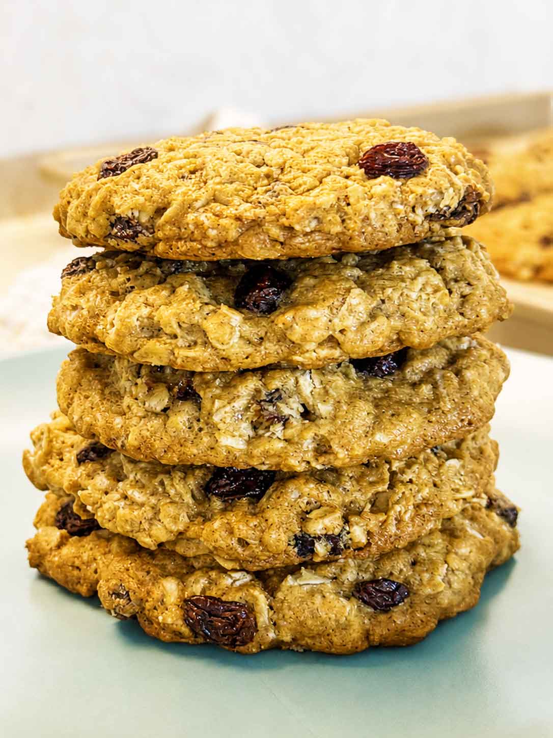 A tall stack of soft, chewy sourdough oatmeal cookies with raisins on a plate.