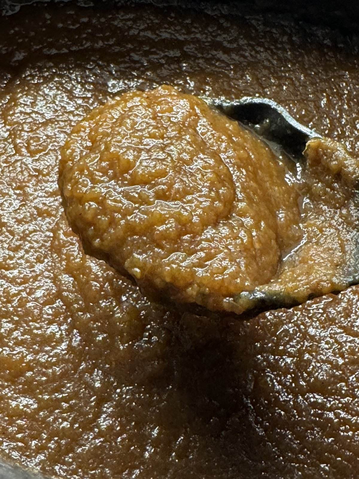 A spoonful of thick dark apple butter held above the surface in the slow cooker, holding its shape